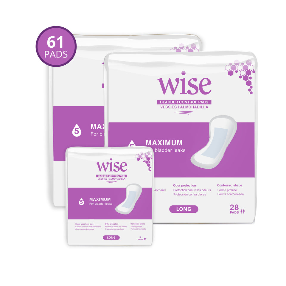 WiseWear Maximum ( Medium ) Incontinence Pads (2+1Pack / 61 Pads) -Size 6.5" x 13.5" Buy 2 get 1 FREE travel pack!