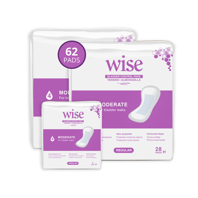 WiseWear Moderate ( Thin ) Incontinence Pads (2+1 Pack / 62 Pads)- Size 5.5